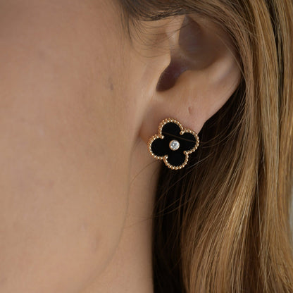 [⭐Shinejoy]CLOVER MEDIUM 1 MOTIFS ONYX DIAMOND EARRINGS
