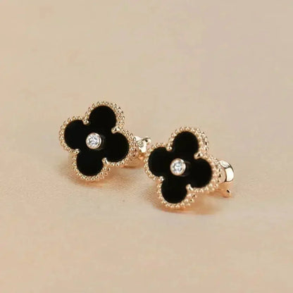 [⭐Shinejoy]CLOVER MEDIUM 1 MOTIFS ONYX DIAMOND EARRINGS
