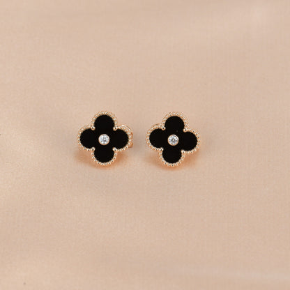 [⭐Shinejoy]CLOVER MEDIUM 1 MOTIFS ONYX DIAMOND EARRINGS