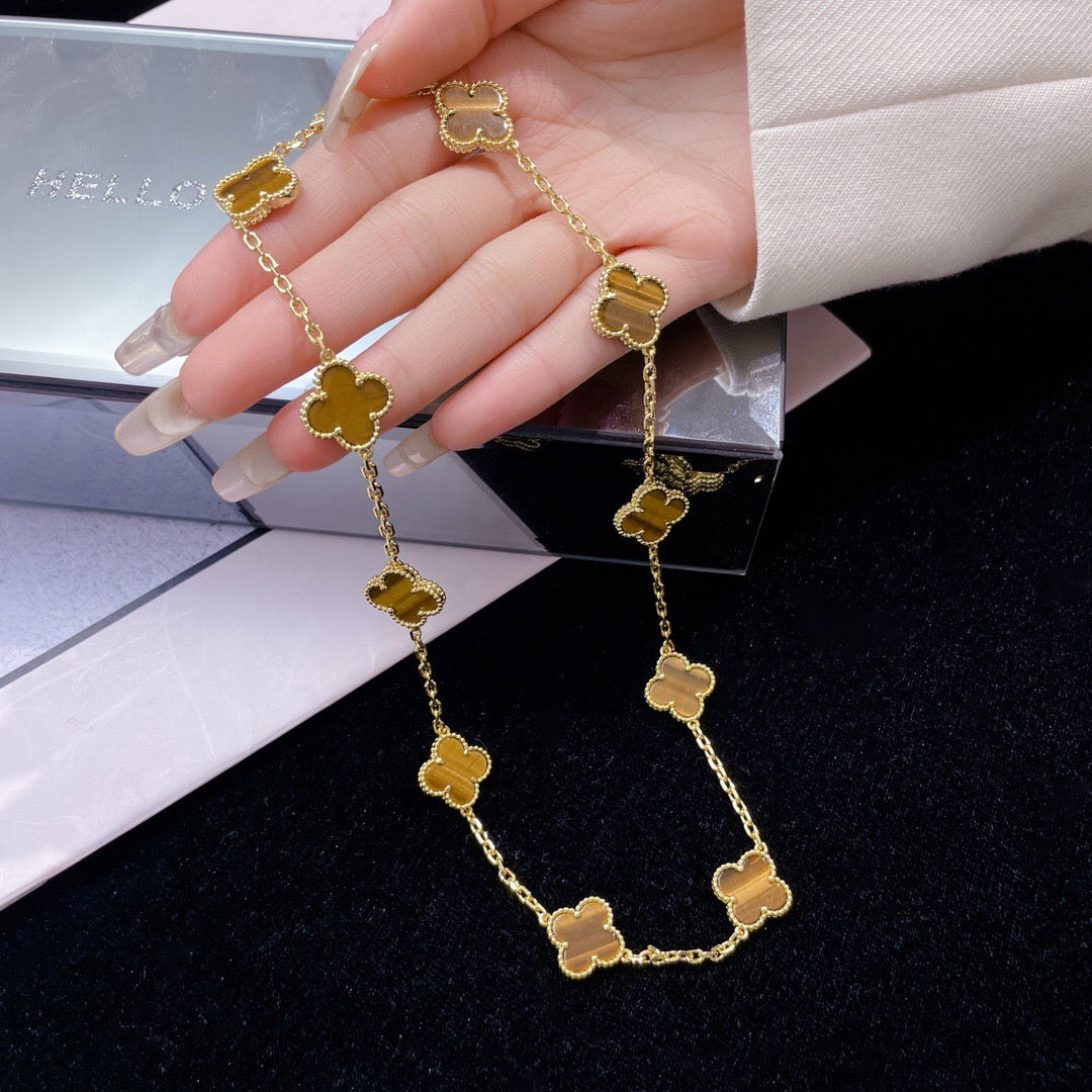 [⭐Shinejoy]CLOVER 10 MOTIFS TIGER EYE NECKLACE