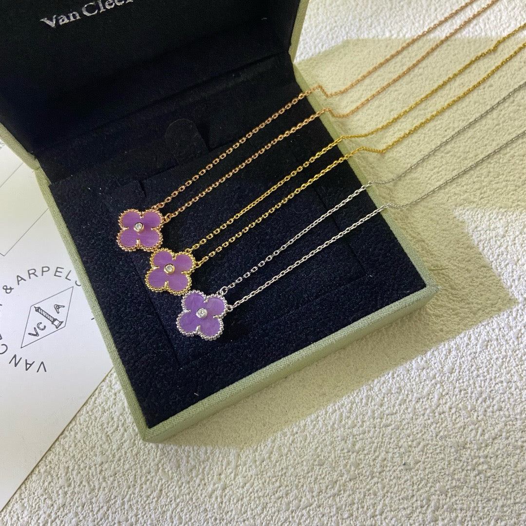 [⭐Shinejoy Jewelry]CLOVER 15MM DIAMOND  PURPLE VIOLET NECKLACE