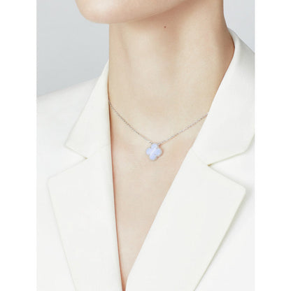 [⭐Shinejoy]CLOVER 15MM BLUE CHALCEDONY NECKLACE SILVER