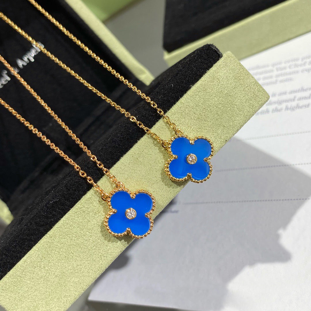 [⭐Shinejoy]CLOVER 15MM DIAMOND AND BLUE AGATE NECKLACE