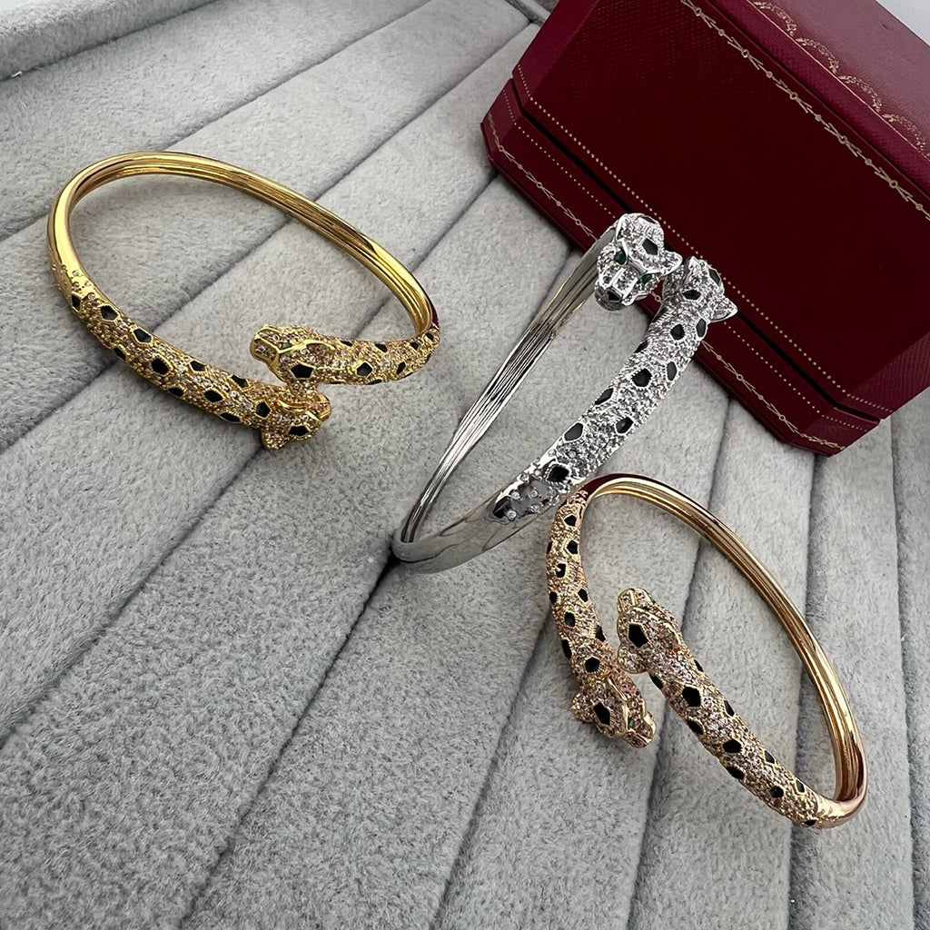 [⭐Shinejoy]PANTHERE DOUBLE HEADED HALF DIAMOND OPEN BRACELET