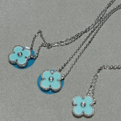 [⭐Shinejoy]CLOVER 1 DIAMOND LIGHT BLUE SILVER NECKLACE