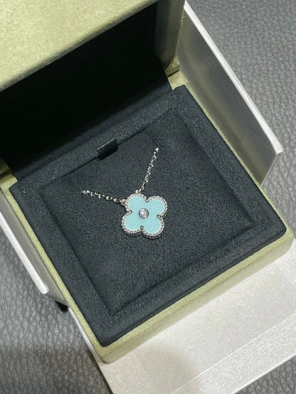 [⭐Shinejoy]CLOVER 1 DIAMOND LIGHT BLUE SILVER NECKLACE