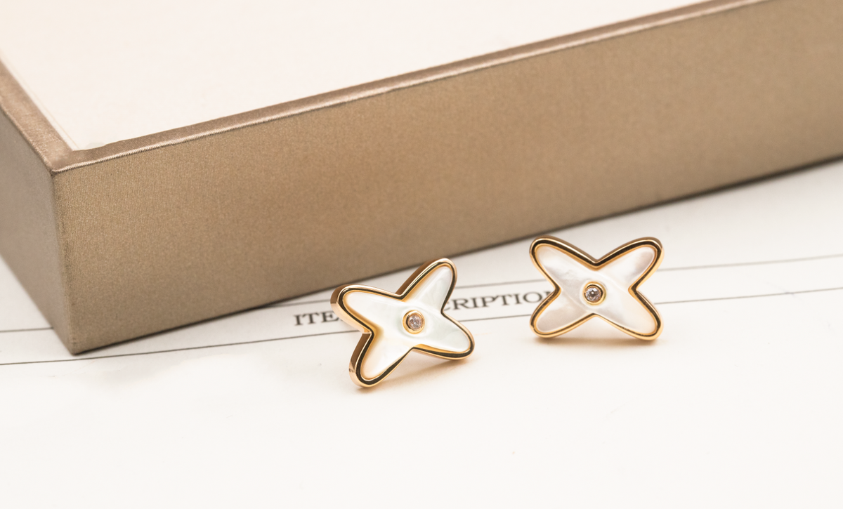 [⭐Shinejoy]JEUX DE WHITE MOP ROSE GOLD DIAMOND EARRINGS