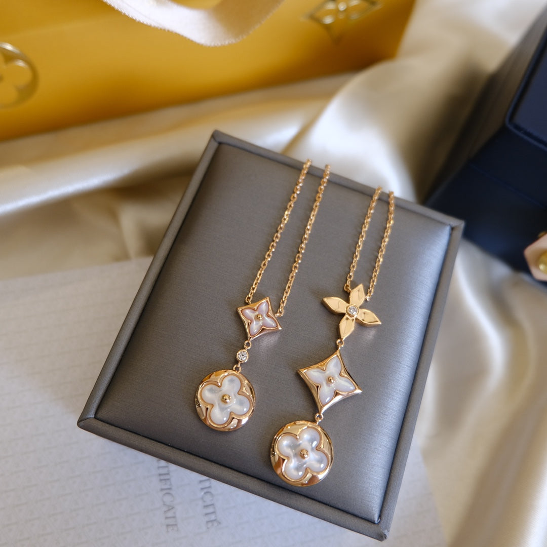 [⭐Shinejoy]COLOR BLOSSOM LARIAT NECKLACE PINK GOLD WHITE MOTHER PEARL AND DIAMOND