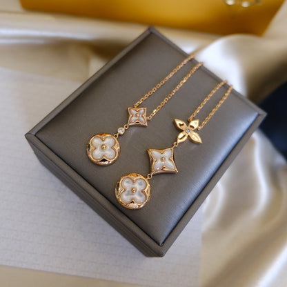 [⭐Shinejoy]COLOR BLOSSOM LARIAT NECKLACE PINK GOLD WHITE MOTHER PEARL AND DIAMOND