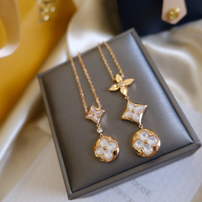 [⭐Shinejoy]COLOR BLOSSOM LARIAT NECKLACE PINK GOLD WHITE MOTHER PEARL AND DIAMOND