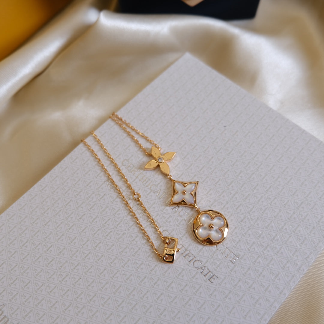 [⭐Shinejoy]COLOR BLOSSOM LARIAT NECKLACE PINK GOLD WHITE MOTHER PEARL AND DIAMOND