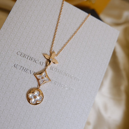 [⭐Shinejoy]COLOR BLOSSOM LARIAT NECKLACE PINK GOLD WHITE MOTHER PEARL AND DIAMOND