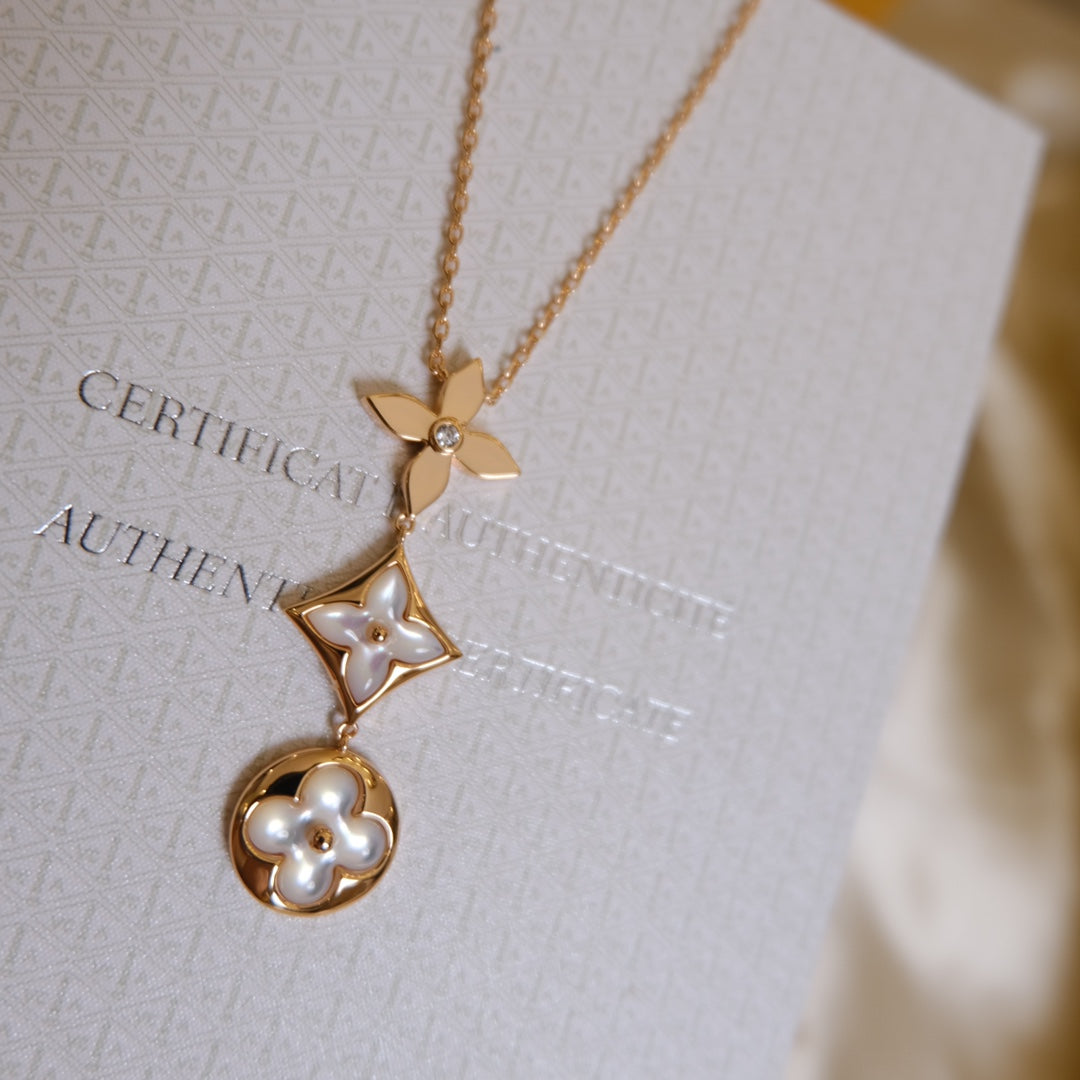 [⭐Shinejoy]COLOR BLOSSOM LARIAT NECKLACE PINK GOLD WHITE MOTHER PEARL AND DIAMOND