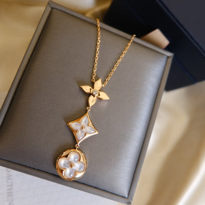 [⭐Shinejoy]COLOR BLOSSOM LARIAT NECKLACE PINK GOLD WHITE MOTHER PEARL AND DIAMOND
