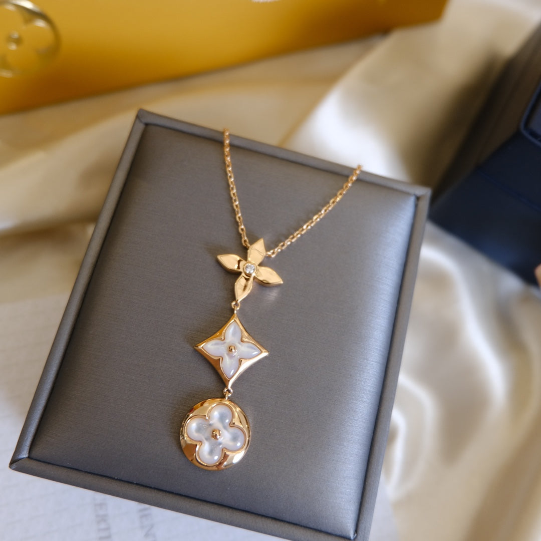 [⭐Shinejoy]COLOR BLOSSOM LARIAT NECKLACE PINK GOLD WHITE MOTHER PEARL AND DIAMOND