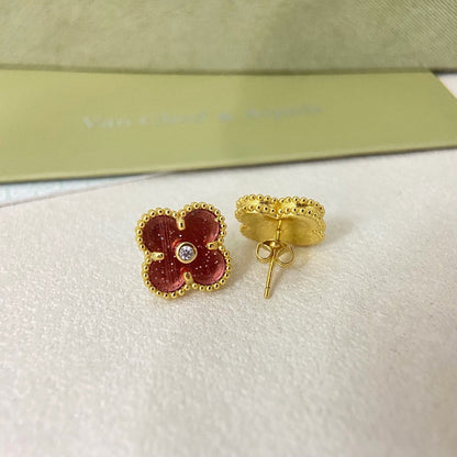 [⭐Shinejoy]2026 NEW  CLOVER 1 MOTIFPINK ENAMEL STUD EARRINGS WITH DIAMONDS