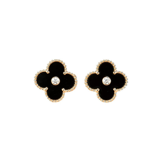 [⭐Shinejoy]CLOVER MEDIUM 1 MOTIFS ONYX DIAMOND EARRINGS
