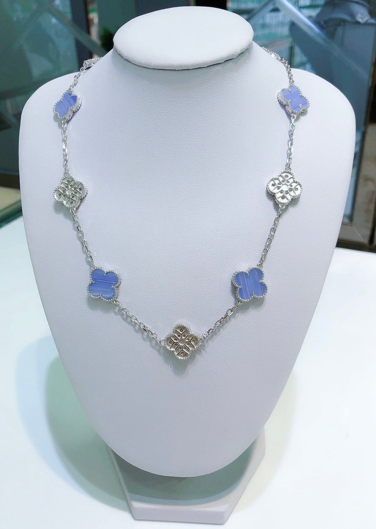 [⭐Shinejoy]CLOVER 10 MOTIFS CHALCEDONY DIAMONDS SILVER NECKLACE
