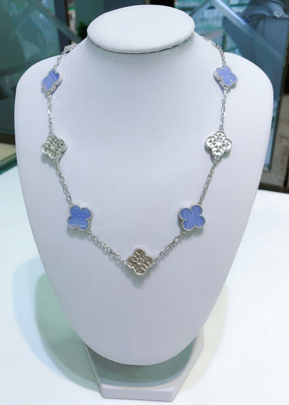 [⭐Shinejoy]CLOVER 10 MOTIFS CHALCEDONY DIAMONDS SILVER NECKLACE