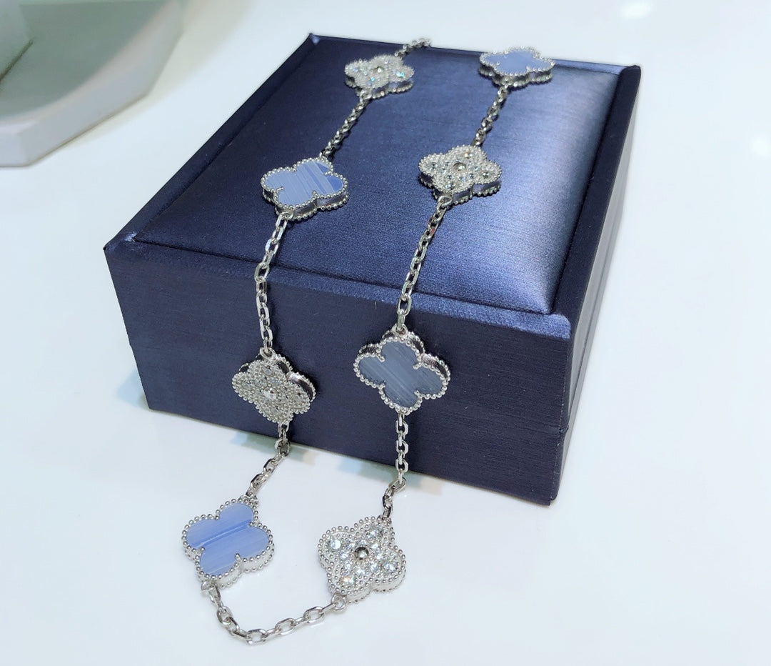 [⭐Shinejoy]CLOVER 10 MOTIFS CHALCEDONY DIAMONDS SILVER NECKLACE