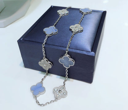 [⭐Shinejoy]CLOVER 10 MOTIFS CHALCEDONY DIAMONDS SILVER NECKLACE