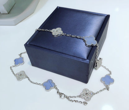 [⭐Shinejoy]CLOVER 10 MOTIFS CHALCEDONY DIAMONDS SILVER NECKLACE