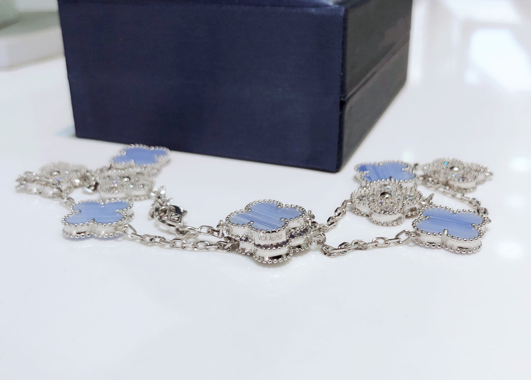 [⭐Shinejoy]CLOVER 10 MOTIFS CHALCEDONY DIAMONDS SILVER NECKLACE