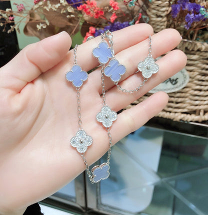 [⭐Shinejoy]CLOVER 10 MOTIFS CHALCEDONY DIAMONDS SILVER NECKLACE
