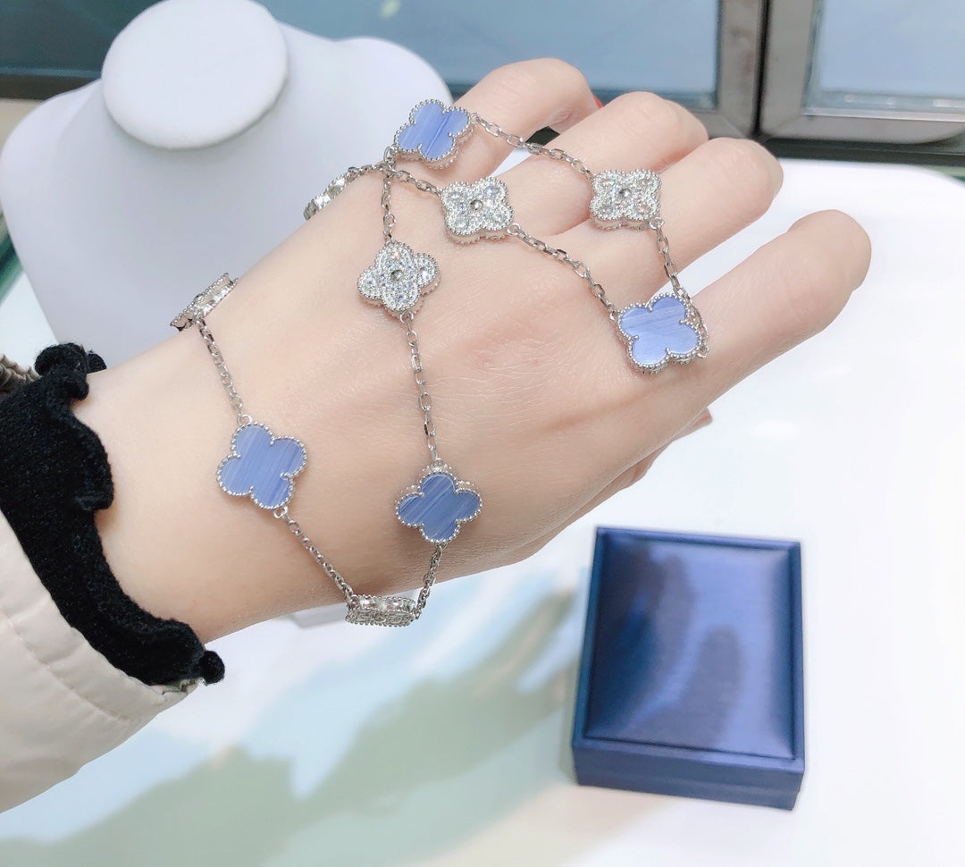 [⭐Shinejoy]CLOVER 10 MOTIFS CHALCEDONY DIAMONDS SILVER NECKLACE
