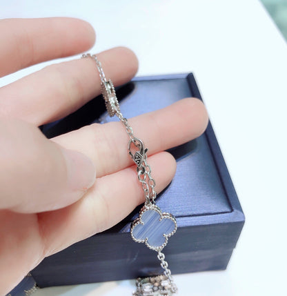 [⭐Shinejoy]CLOVER 10 MOTIFS CHALCEDONY DIAMONDS SILVER NECKLACE