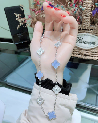 [⭐Shinejoy]CLOVER 10 MOTIFS CHALCEDONY DIAMONDS SILVER NECKLACE